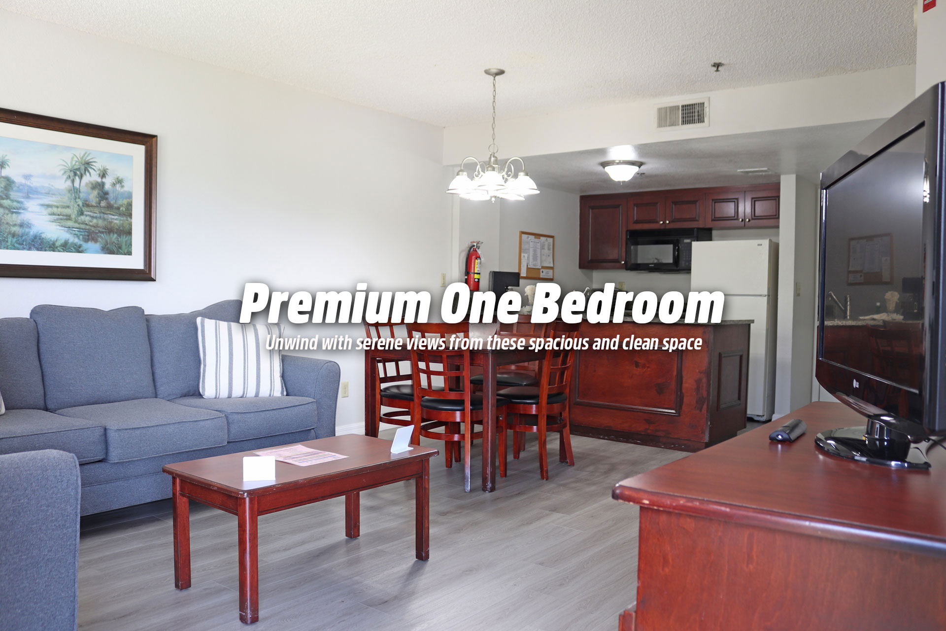 A wide view of a living room with a sofa, coffee table, dining table, and kitchenette.